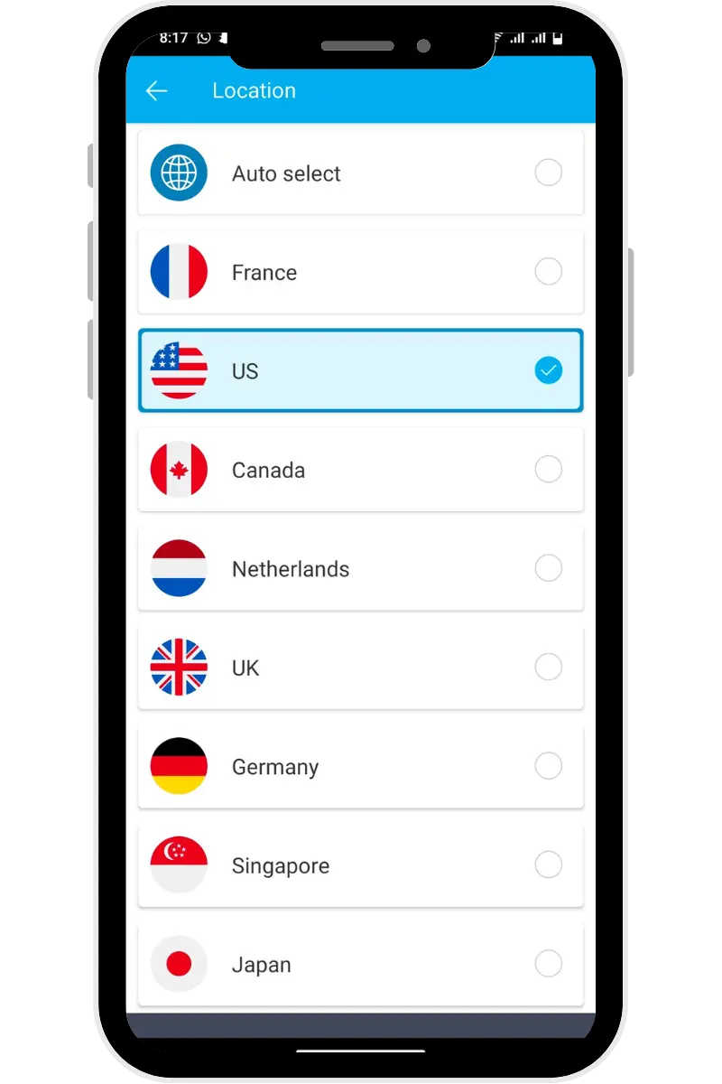 Select Country in Super VPN